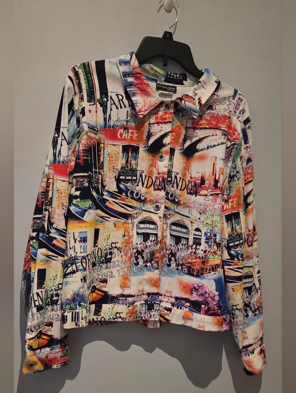 Vintage Impulse California Novelty Print Jacket XL Art Paris London Cafe EUC